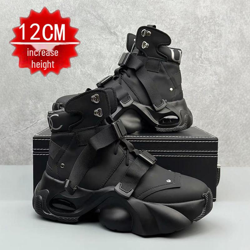 2024 Men's White High-Top Shoes with 12cm Invisible Height Increase, Air Cushion, Thick Sole, Fashionable Dad Sneakers