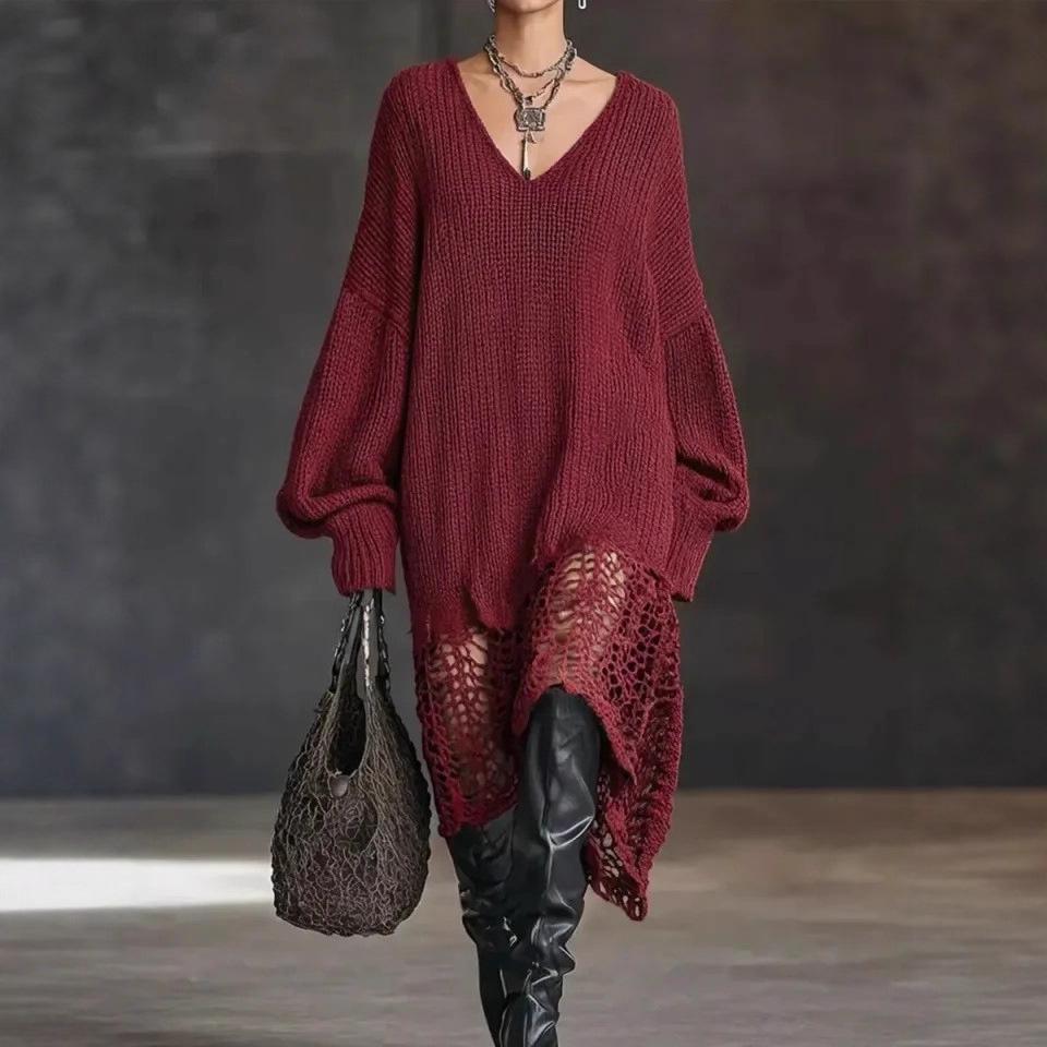 Европейское и американское вязаное платье с V-образным вырезом, неровным подолом и ажурным дизайном