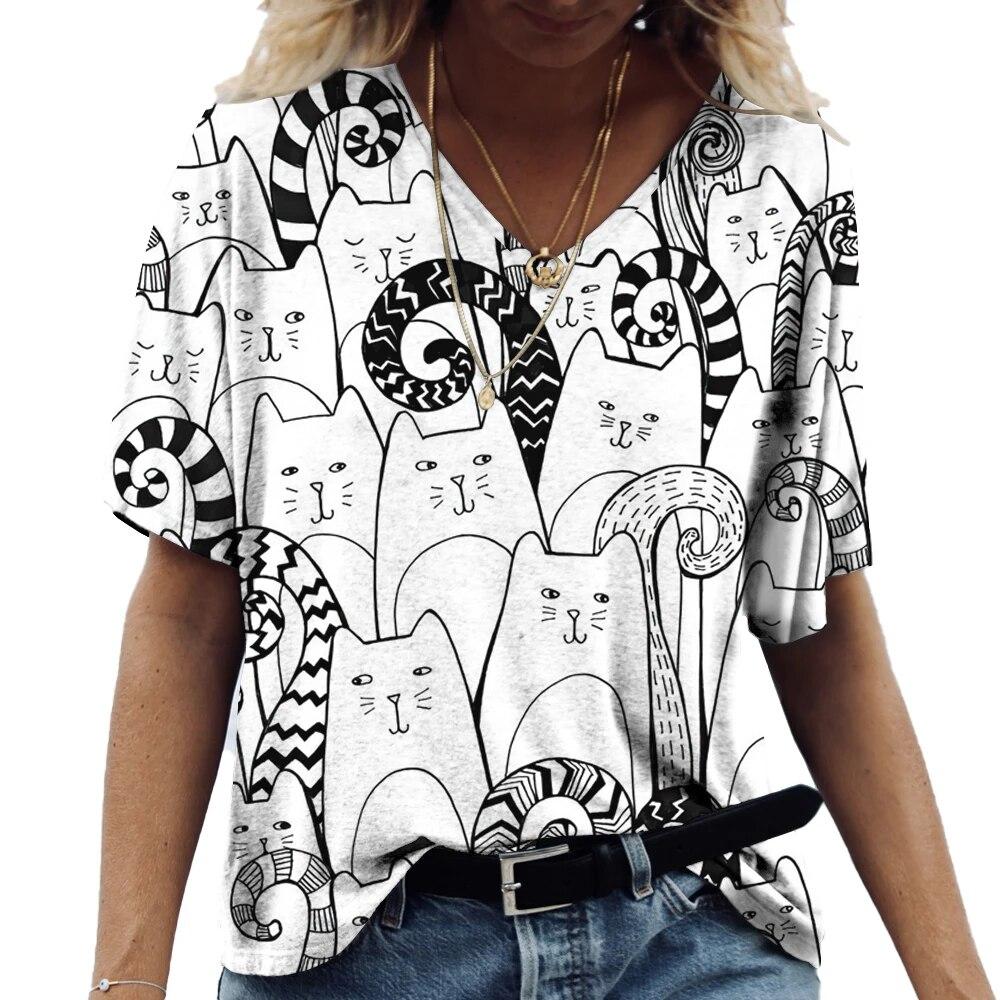 Женская футболка с рисунком котенка в стиле аниме, одежда с принтом для девочек, блузка с v-образным вырезом, пуловер в стиле Харадзюку, летние футболки большого размера с короткими рукавами