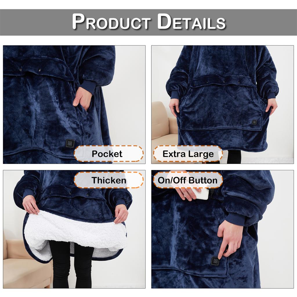 Oversized Wearable Blanket Hoodie with Sleeves Pocket Sherpa Fleece Blanket Sweatshirt Warm Thick Plush Heating Hooded Blankets