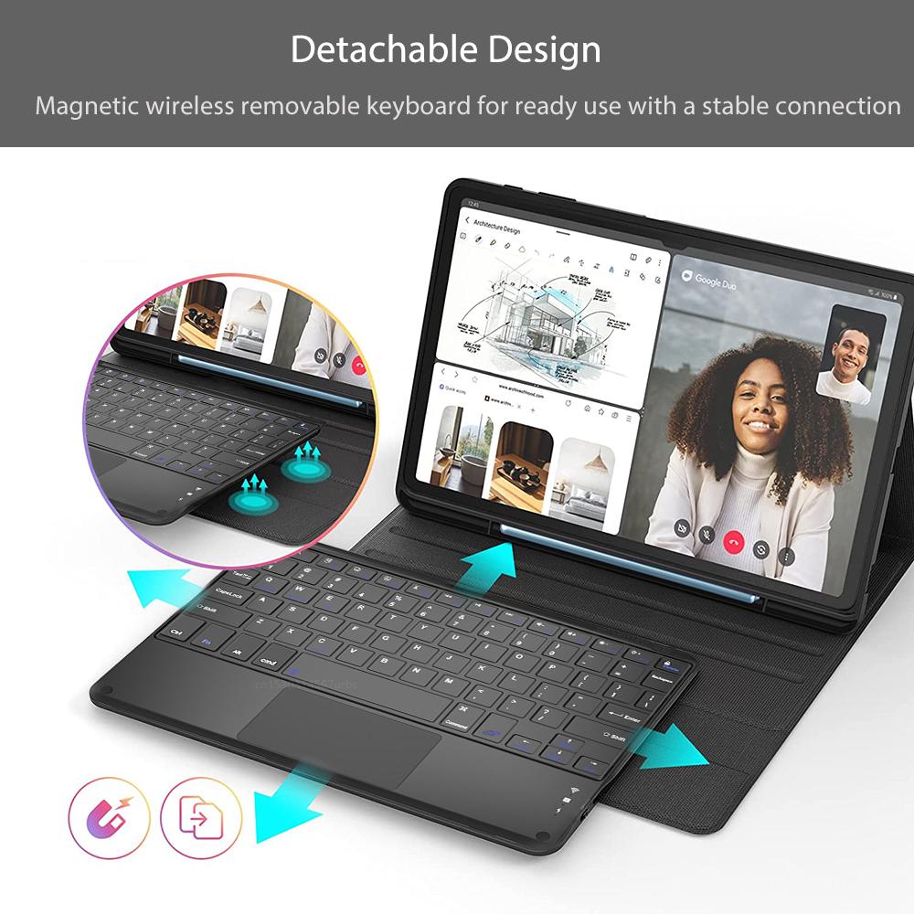 Кожаный чехол с Bluetooth-клавиатурой для Samsung Galaxy Tab S7 FE S8 Plus, чехол для планшета, чехол с беспроводной клавиатурой для Tab S6 Lite A8 A9 Plus, противоударный чехол