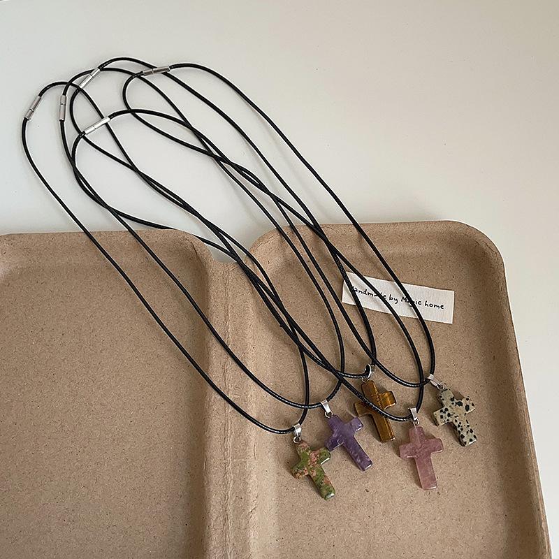 Niche Design Sense Natural Stone Cross Black Rope Necklace Female Simple Sweet Cool Personality Versatile Neck Chain Collarbone Chain