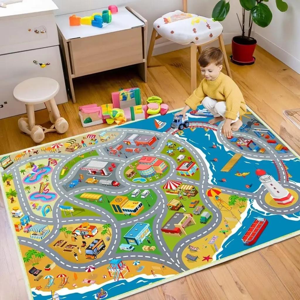 Car Play Mat for Boys and Girls Highway City Traffic-Themed Rugs for Kids Toy Cars Kids Rugs for Playroom Non-Slip Kids Play Rug