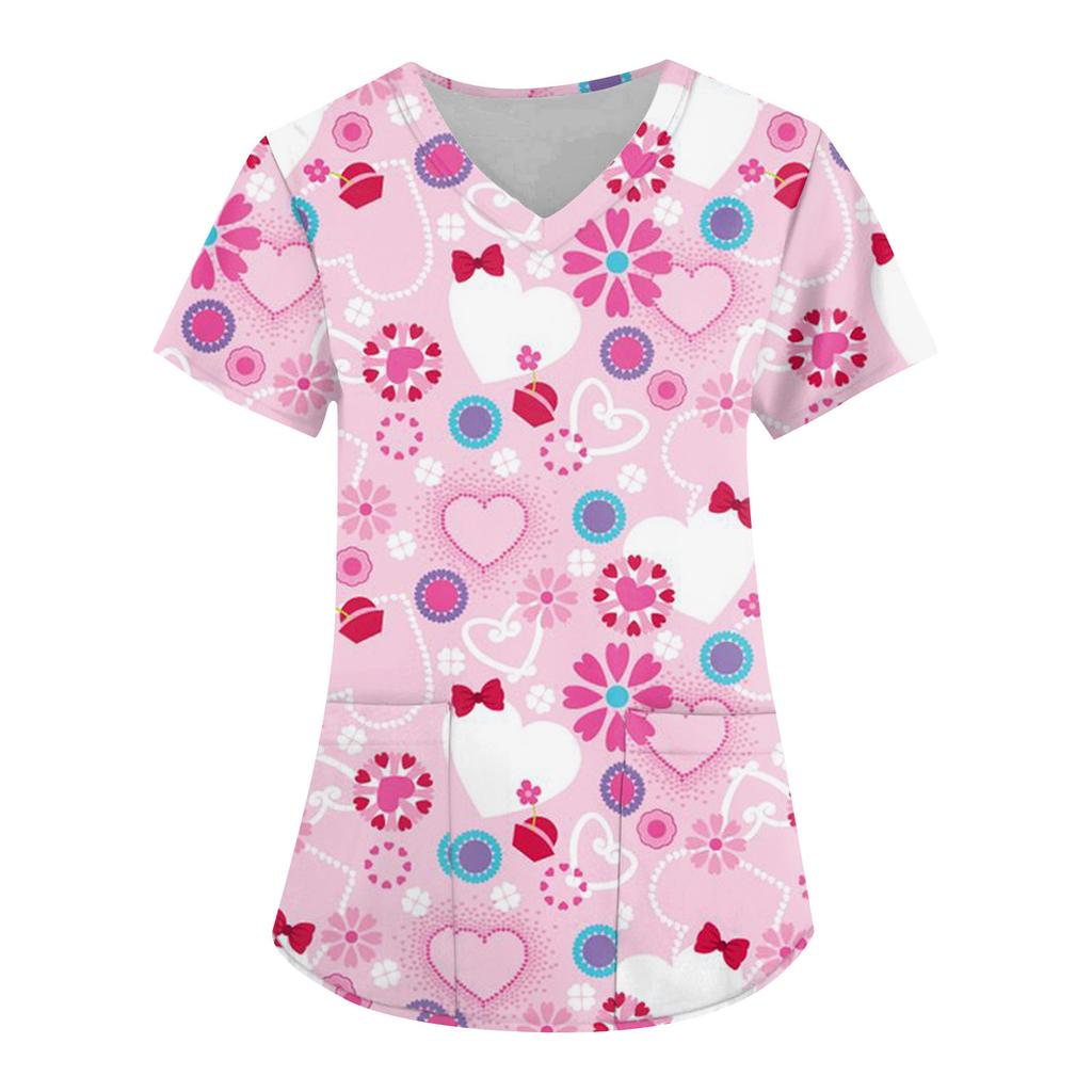 Женская модная рабочая одежда с v-образным вырезом, коротким рукавом и карманом с принтом ко Дню святого Валентина