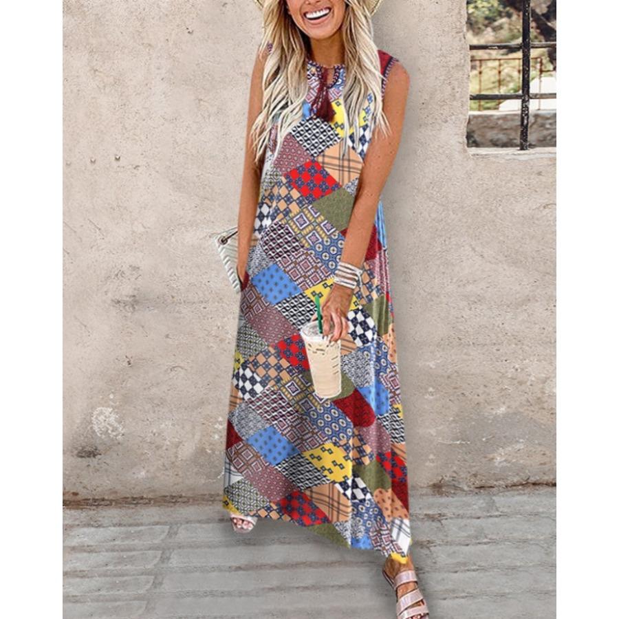 Summer Women Digital Position Print Sleeveless Long Lace Up Dress