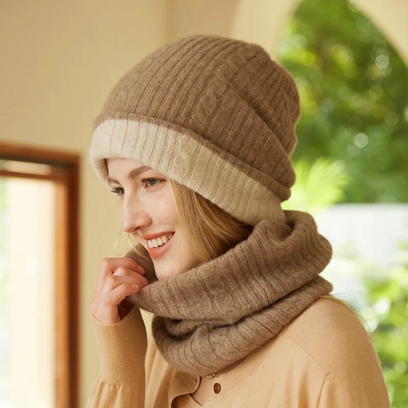 Women 100% Cashmere Tube Scarf Cable Knit Neck Warmer Ring Double Faced Thick Cap Reversible Knitted Beanies Winter 2-Pcs Set