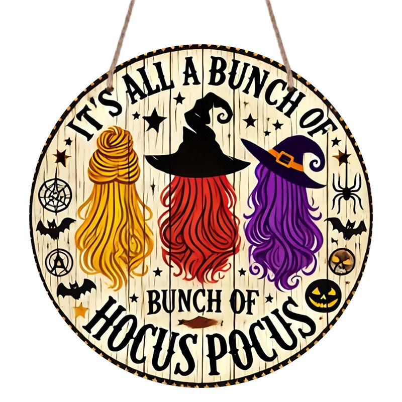 2D Flat, 1pc Vintage Round "It's All A Bunch Of Hocus Pocus" Aluminum Hanging Sign, Three Witches Hair Halloween Bat Pumpkin Print, Metal Wall Door
