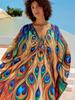 EDOLYNSA Мода 2024 года, богемный кафтан с принтом больших размеров, женское пляжное платье макси, летний купальник, прикрытие, уютный повседневный свободный домашний халат Q1670