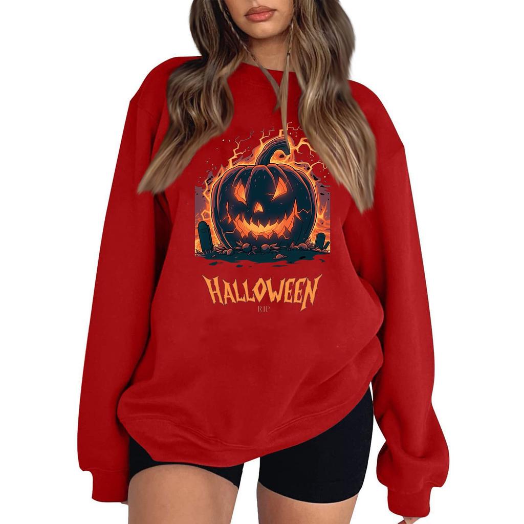 Women's Casual Round Neck Long Sleeved Pullover, Halloween Printed Top, Long Sleeved Hoodie