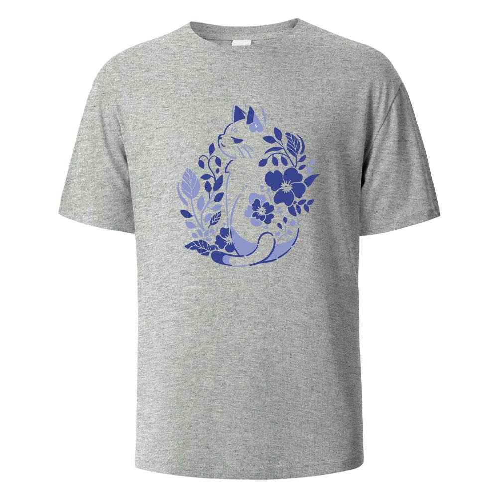 Mens Printed TShirt Blue And White Porcelain Cat Graphic 100Cotton Oneck Shortsleeved Tees For Men Women Summer Fashion Tops