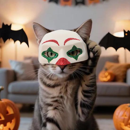 Маска кота-клоуна Блестящая маска клоуна из страз Маска для косплея питомцев с отверстиями для ушей для кошек Костюм для Хэллоуина Вечеринка Фотосессии