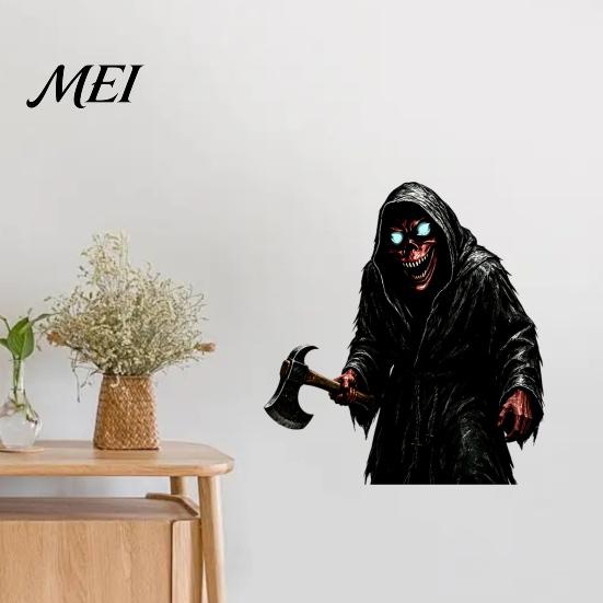 Dark Reaper Glass Stickers Halloween Wall Sticker, Scary Black Robed Demon with Ax Decal, Creepy Man Decor PVC Waterproof Art for Home Window Decals