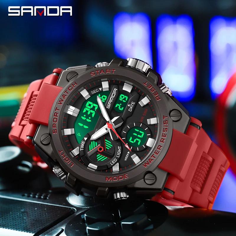 Спортивные часы SANDA G-style для мужчин 50M Водонепроницаемые LED Часы Будильник Двойной дисплей Кварцевые Наручные часы Военные Устойчивые Мужские Часы