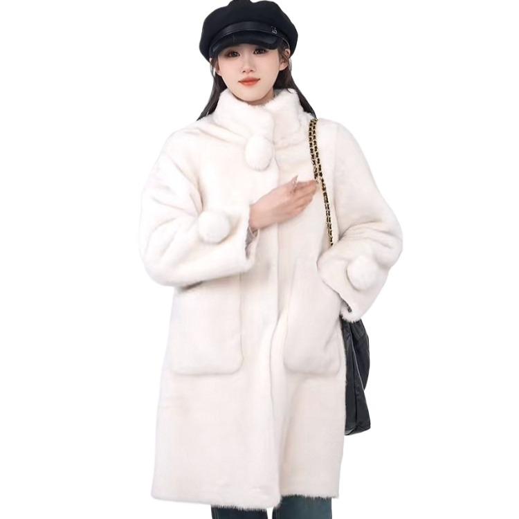 Роскошное женское зимнее пальто с воротником-стойкой и отделкой из меха норки - Длинная шерстяная верхняя куртка
