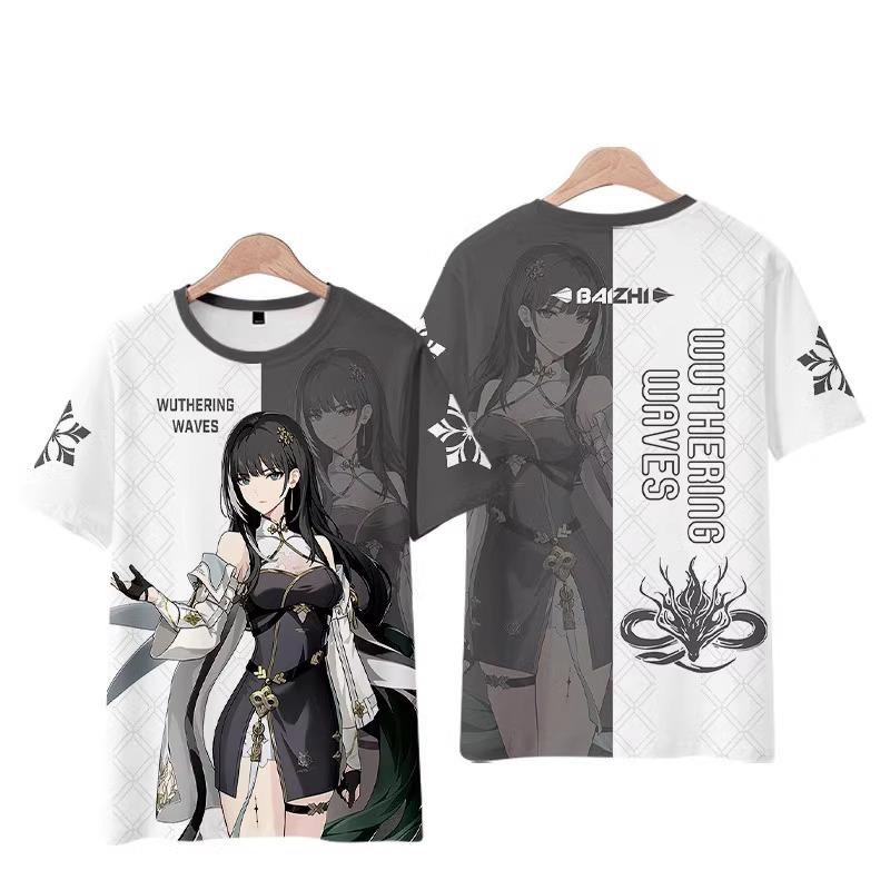 Game Anime Character 3D Printed T-shirt, Double Sided Red White Graphic Short Sleeve Casual Streetwear Top