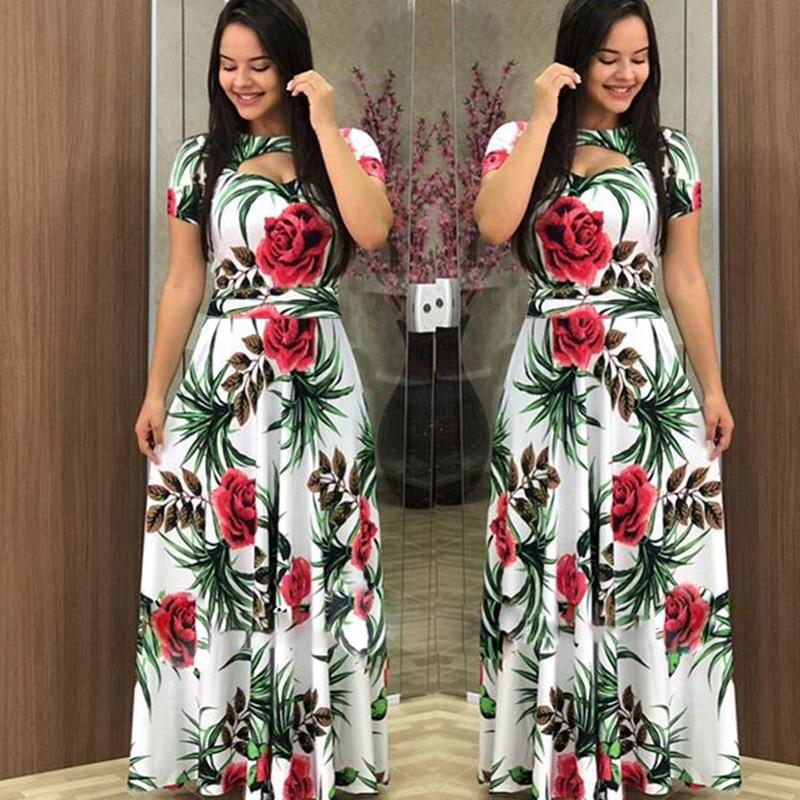 Elegant Spring Autumn Women Dress Casual Bohmia Flower Print Maxi Dresses Hollow Out Dress Plus Size