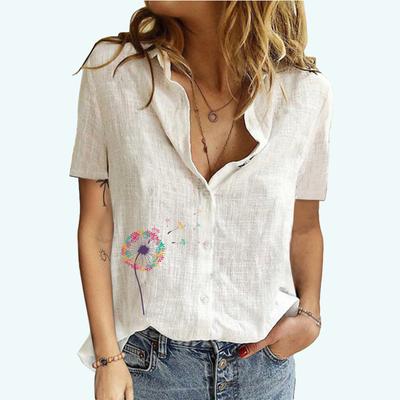 Женская мода блузки с лацканами и воротником, летняя футболка с короткими рукавами и принтом, женская хлопково-льняная футболка-кардиган