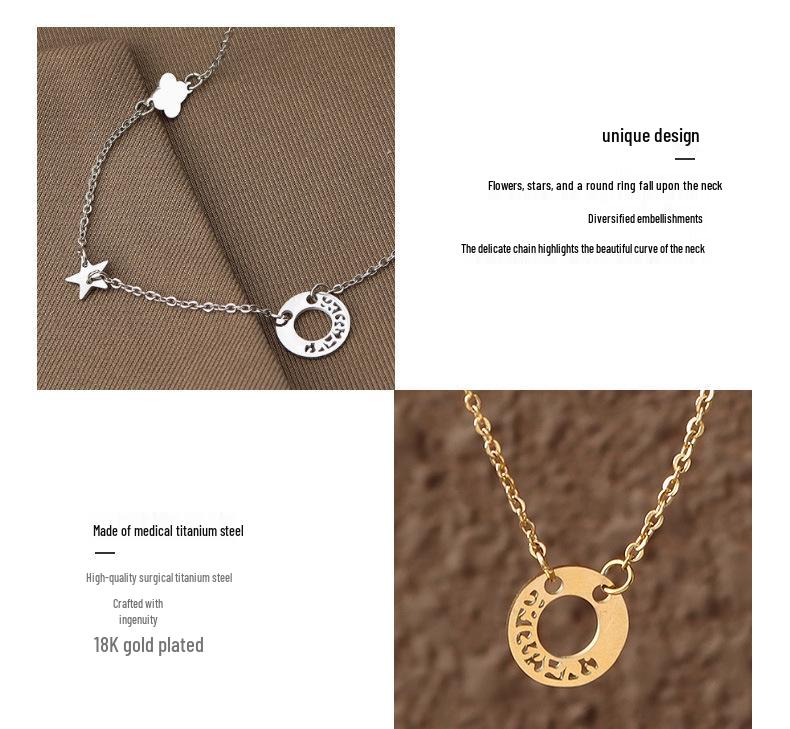 Minimalist Titanium Steel Necklace with Hollow Circle, Flower, and Star Pendants for Women - Clavicle Chain Style (P958)
