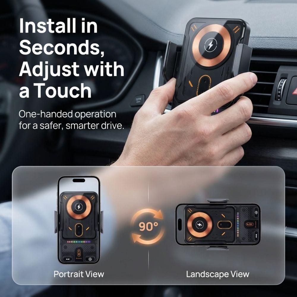 Black Car Phone Holder 15W Fast Charging Universal Car Charger Convenient Car Phone Mount