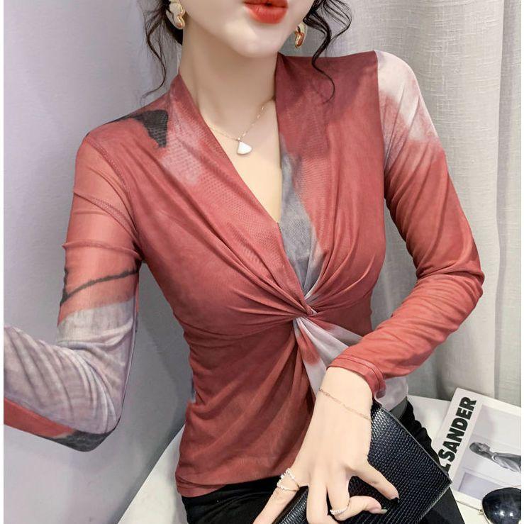 Women's Sexy V-neck T-shirt Long-sleeved Spring Fashion Tie-dyed Mesh Top Breathable Slim Bottom Shirt