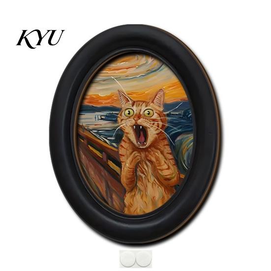 Unique Oval Art Prints Abstract Cat Wall Decor, 2D Wood Framed Funny Painting Modern Decoration Print, Vintage Ornament for Living Room Bedroom