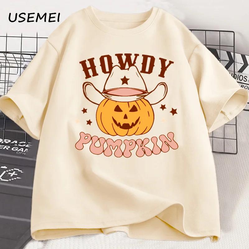 Howdy Pumpkin Graphic T Shirts Halloween T Shirt Fall Cotton Short Sleeve Printed Tshirt Unisex Retro Tees Streetwear Clothes