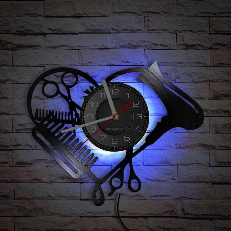 Инструменты для парикмахерской Виниловая настенная пластинка Часы Салон красоты для волос Сердце Форма Фен Ножницы Расческа Дизайн парикмахера Бесшумные часы