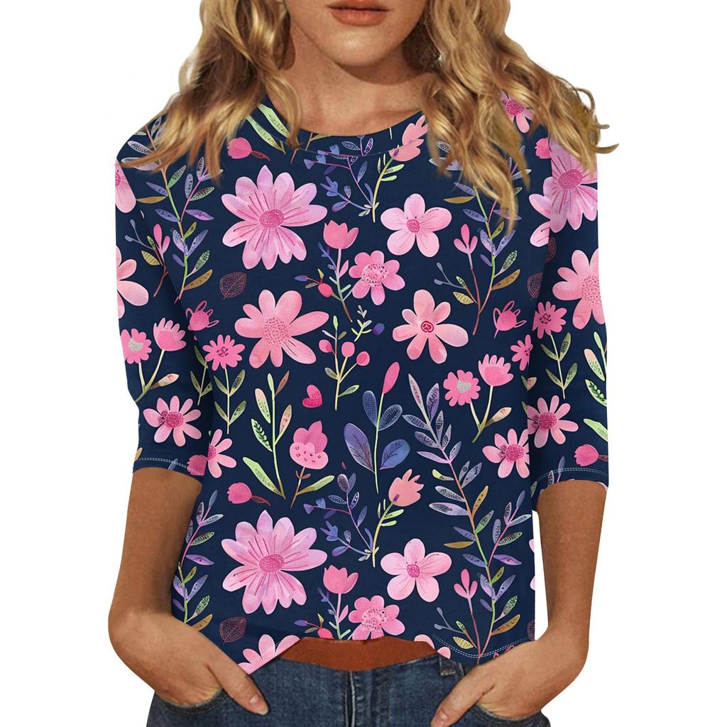 Женский топ с цветочным принтом, круглым вырезом и рукавами три четверти Футболка Футболка с рукавами три четверти