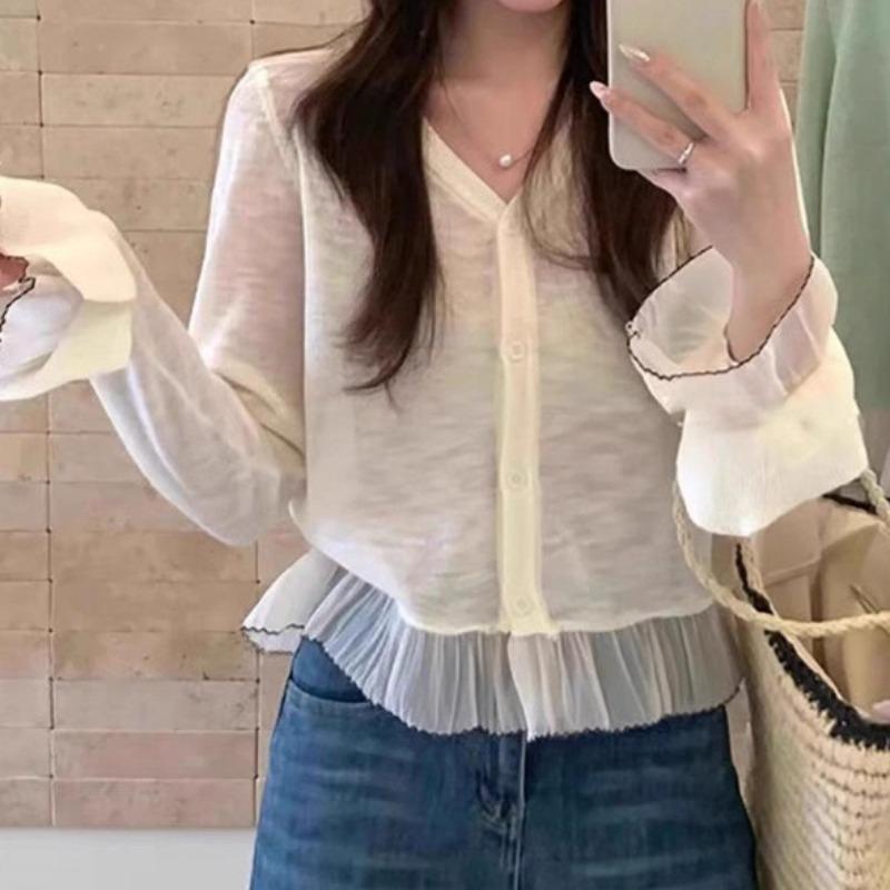 Sweet Style Hem Lace Trim Knit Cardigan Women Spring Summer Sun Protection Thin Sheer Knit Coat