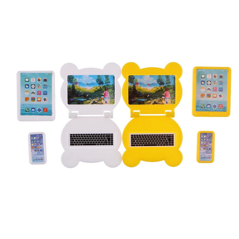 3Pcs/Set 1:12 Dollhouse Miniature Folding Laptop Model Computer Tablet Phone Set Doll House Office Scene Home Decor Toy