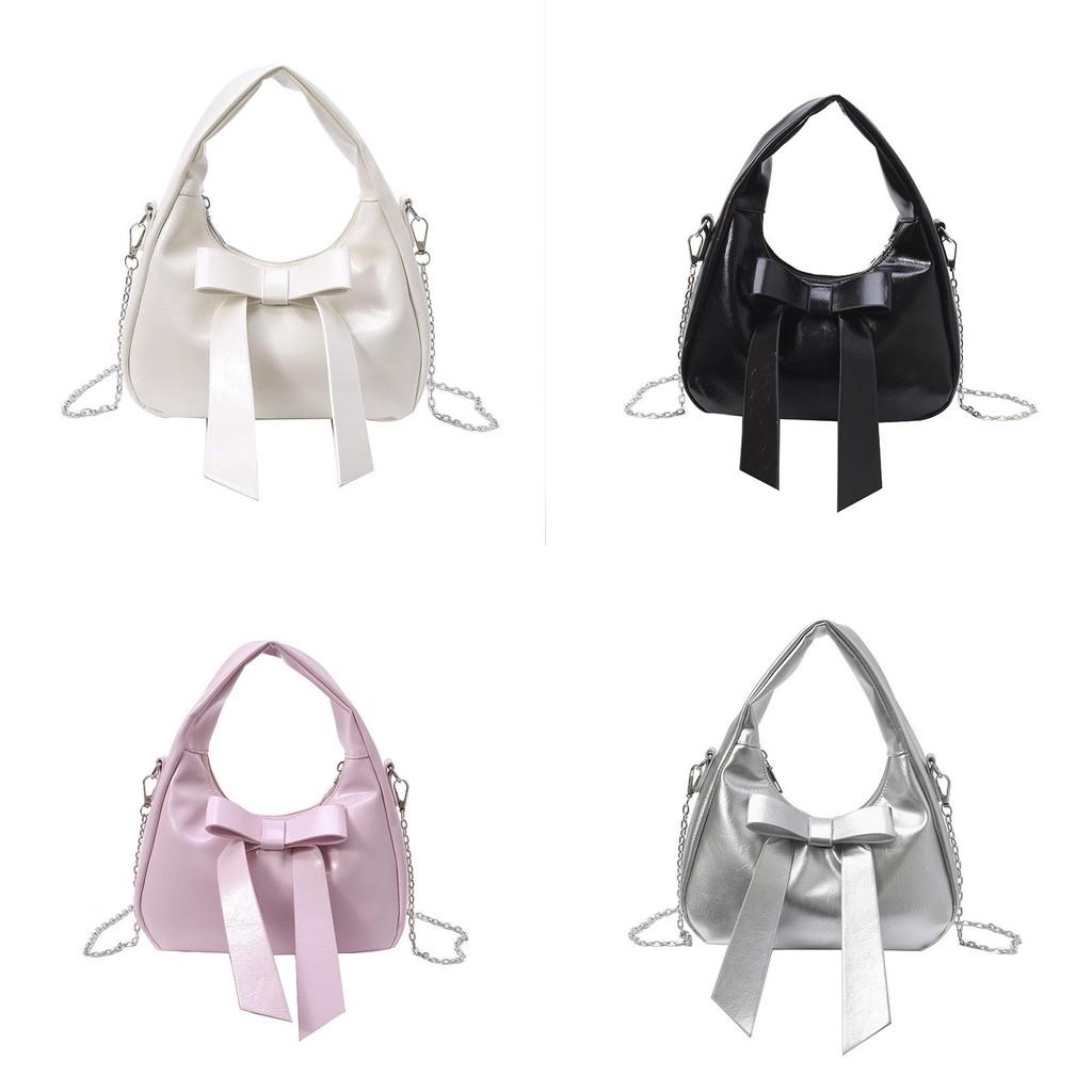 Solid Color Bow Shoulder Bag With Zipper Closure For Daily Use In Trendy Street Style