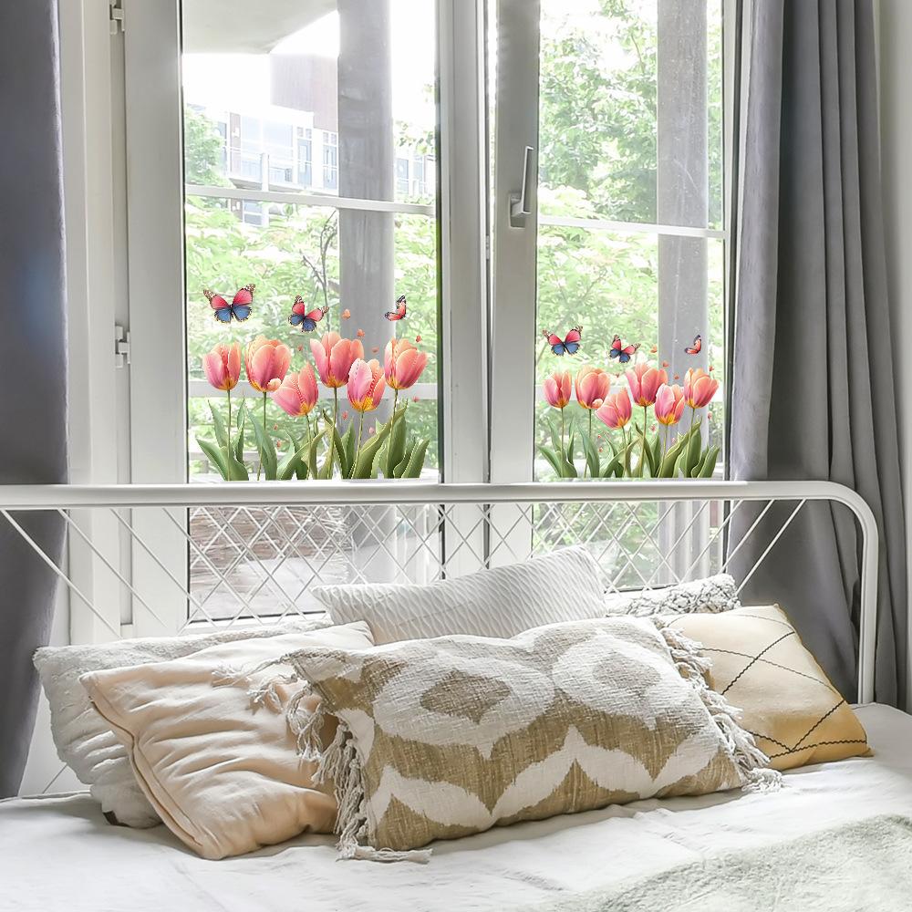 Раскрашенные розовые тюльпаны Балконные стеклянные окна Украшение и декор дома Статические наклейки на окна