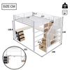 Loft bed, 140 x 200 cm, iron frame, storage compartment, 4 drawers, hanging grid, LED light strip, desk, storage staircase, without mattress, white