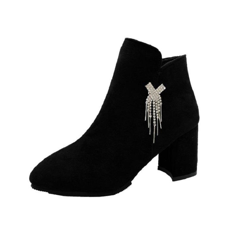 Модные осенние и зимние короткие сапоги со стразами и кисточками, высокие каблуки, теплые плюшевые сапоги, средние каблуки, универсальные женские сапоги