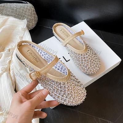 Модная женская обувь 2025 Лето Размер 43 Сандалии со стразами Удобные балетки с ремешком на пряжке Легкие полые дышащие тапочки