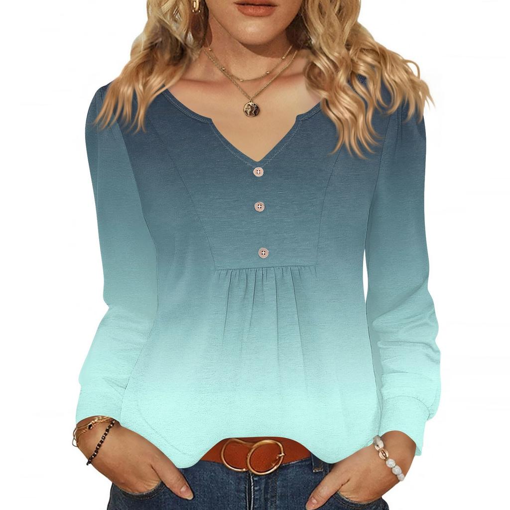 Женская модная повседневная блузка с V-образным вырезом на пуговицах, с длинным рукавом, пуловер, футболка, топ
