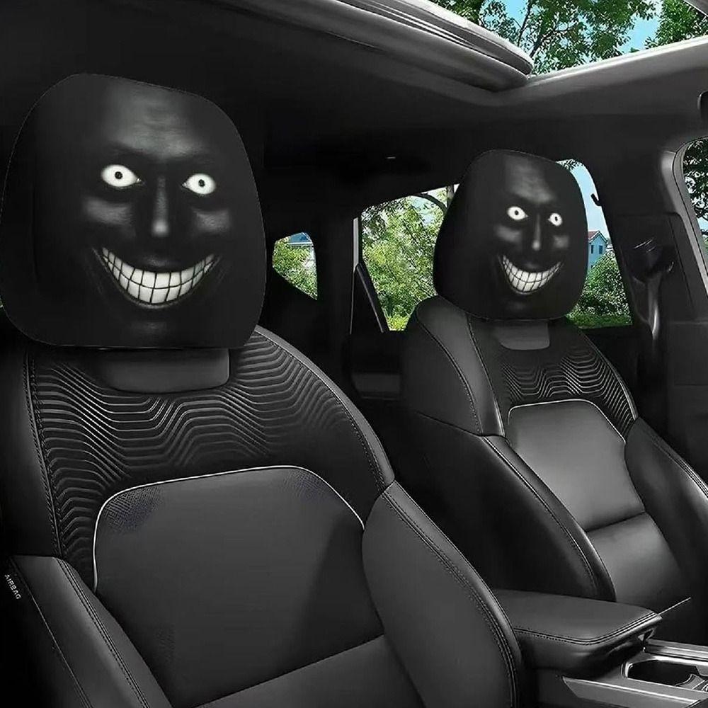 2Pcs Black Car Headrest Cover Scary Face Printing Car Headrest Protector Car Seat Cover  Halloween