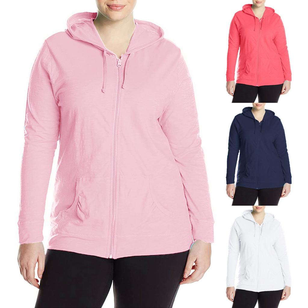 Women's Casual Solid Color Long Sleeve Loose Full Zip-Jersey Hoodie Tops Plus