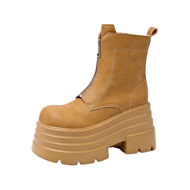 Женские зимние ботильоны 10 см, мотоциклетные ботинки на толстом каблуке, платформа, кожаные кроссовки, женские массивные короткие ботинки-комбаты на молнии
