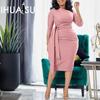 Women's Summer Solid Color Print 3/4 Sleeves Dress Seven-point Sleeve Pleated Lace-up Professional Plus-size High Waist Dress