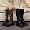 Женские ботинки с толстой подошвой и высоким голенищем, осенне-зимние, коричневые, ботинки-штаны, маленький размер, ботинки в рыцарском стиле, простой стиль