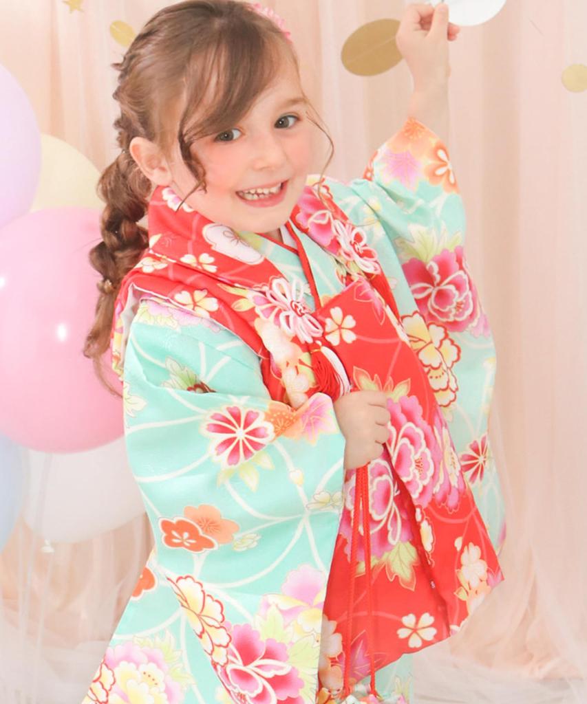 Kimono Set for 3 Years Cloth Gorgeous Set Patterned Date Long Hair Waist for Girls Jade [KYOETSU] Shichi-Go-San, Old, Set, C, 9-piece (patterned
