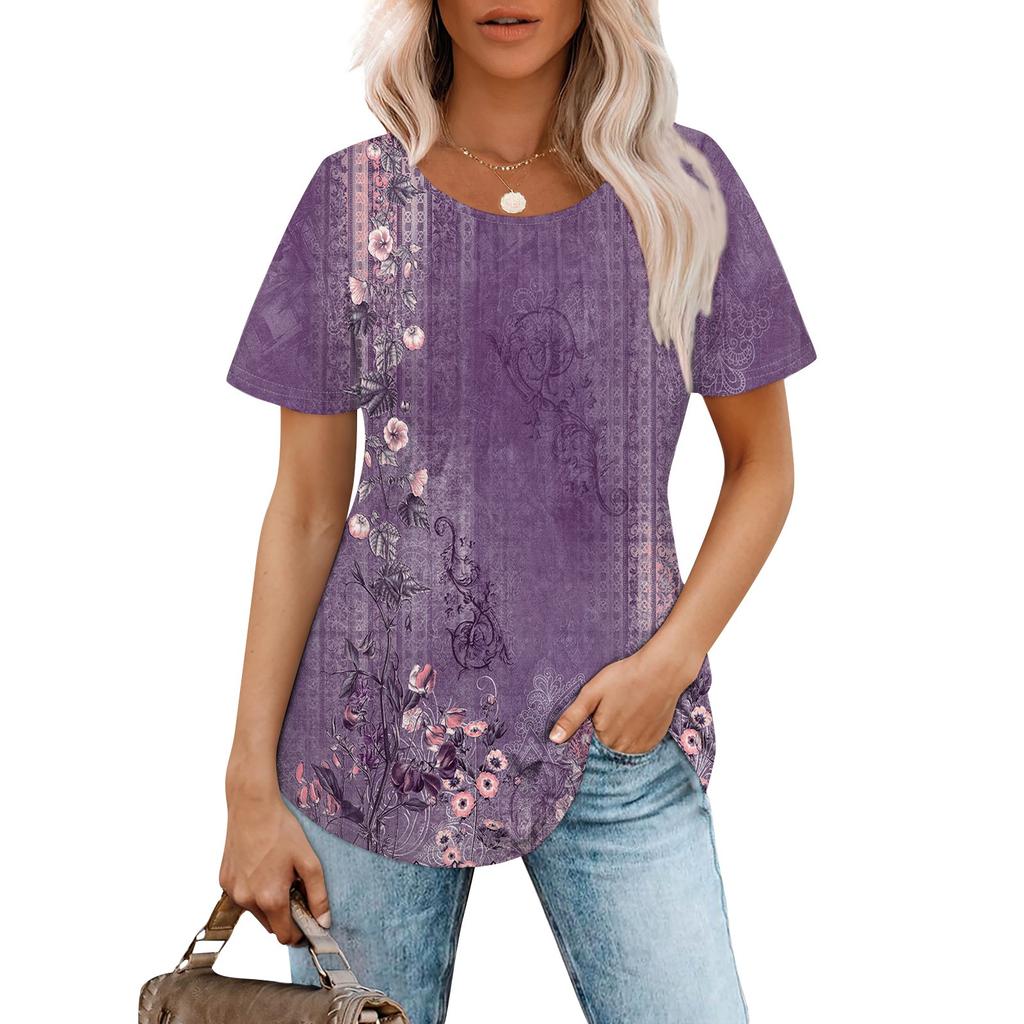 Women's Fashionable Casual Pleated Round Neck  Printed Short Sleeved T-shirt Top