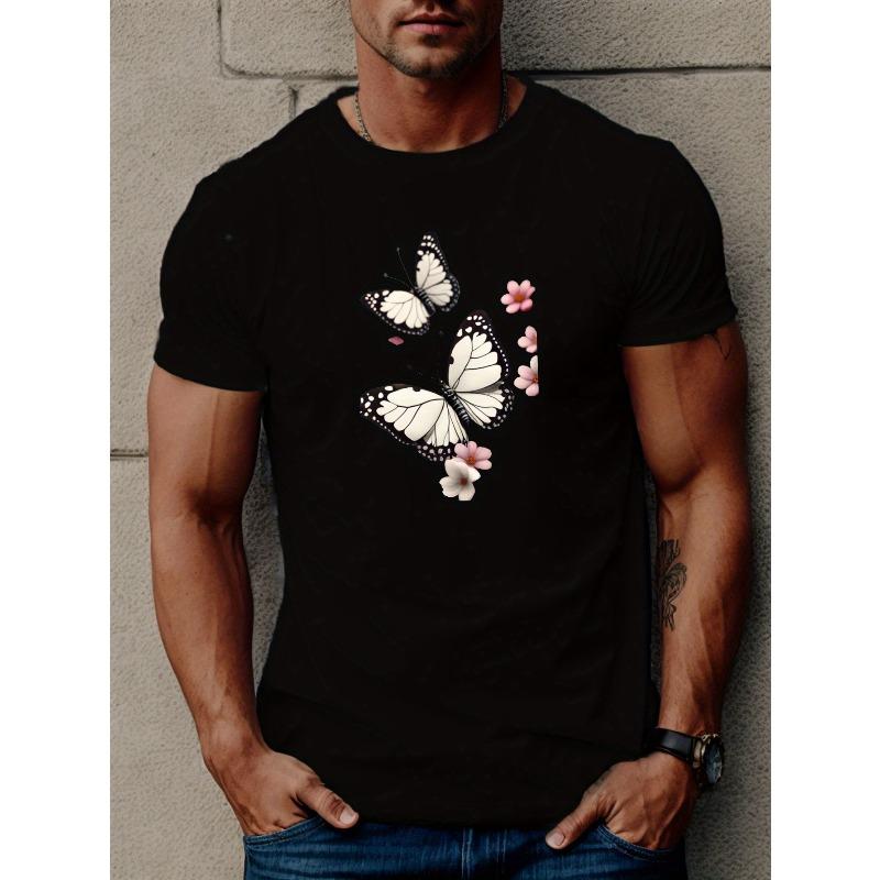 European Sizes Butterflies And Flowers Print T Shirt, Tees For Men, Casual Short Sleeve T-shirt For Summer