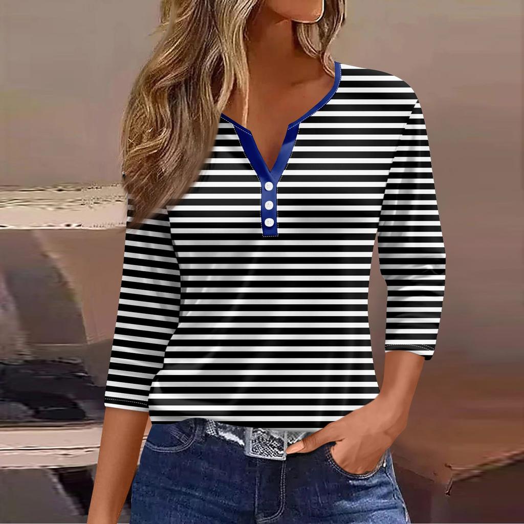 Жен. Футболка Футболка С принтом Пуговицы Рукав 3/4 Повседневные Выходные Мода Классический V-образный вырез Обычный Топ