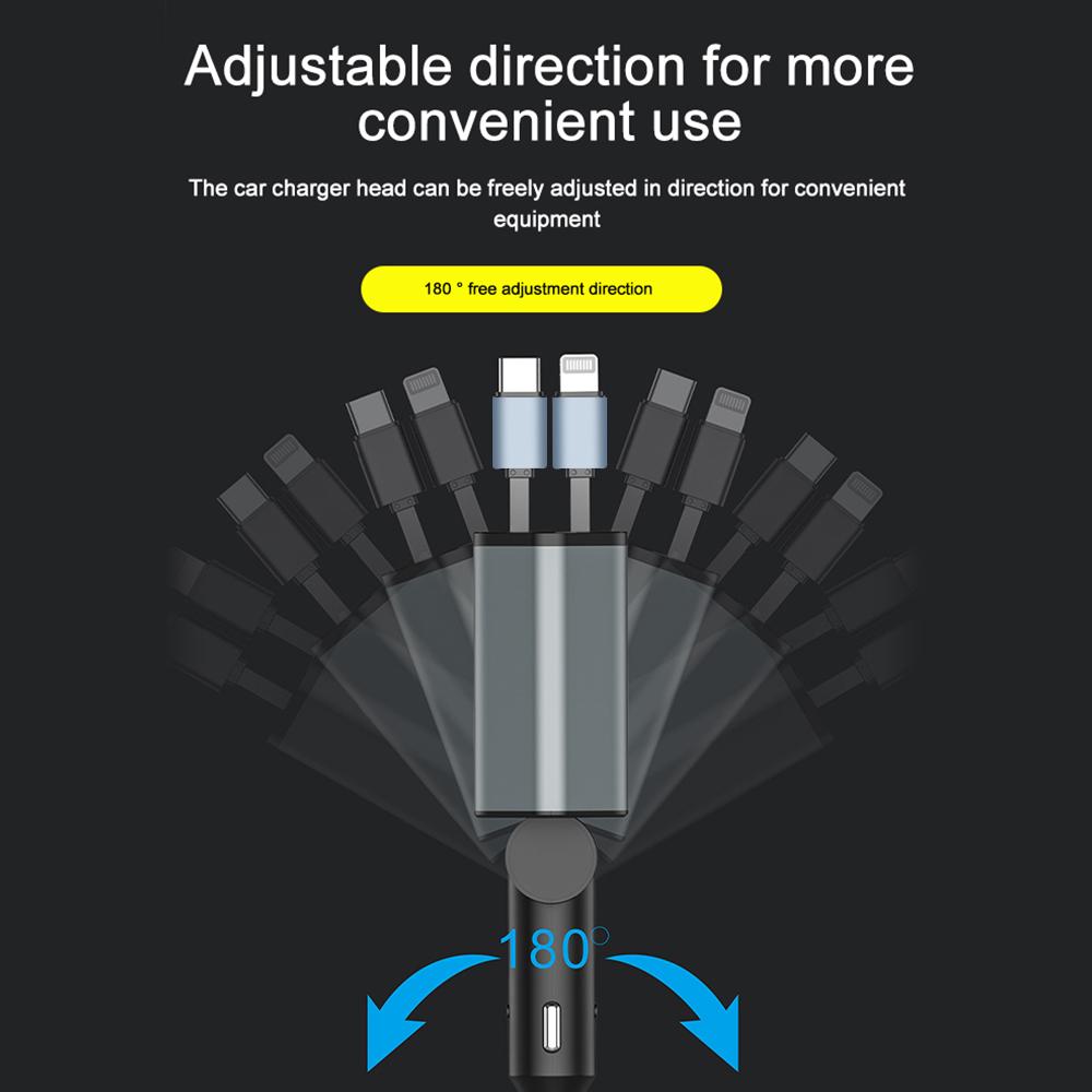 Выдвижное автомобильное зарядное устройство 4 в 1, быстрое зарядное автомобильное зарядное устройство, 120 Вт, выдвижной кабель и 2 порта USB, совместимый с автомобильным зарядным устройством