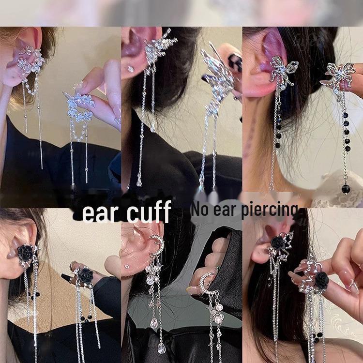 Серебряные игольчатые клипсы-кисточки в форме звезды и луны: Блестящий циркон, милый и классный стиль, без пирсинга