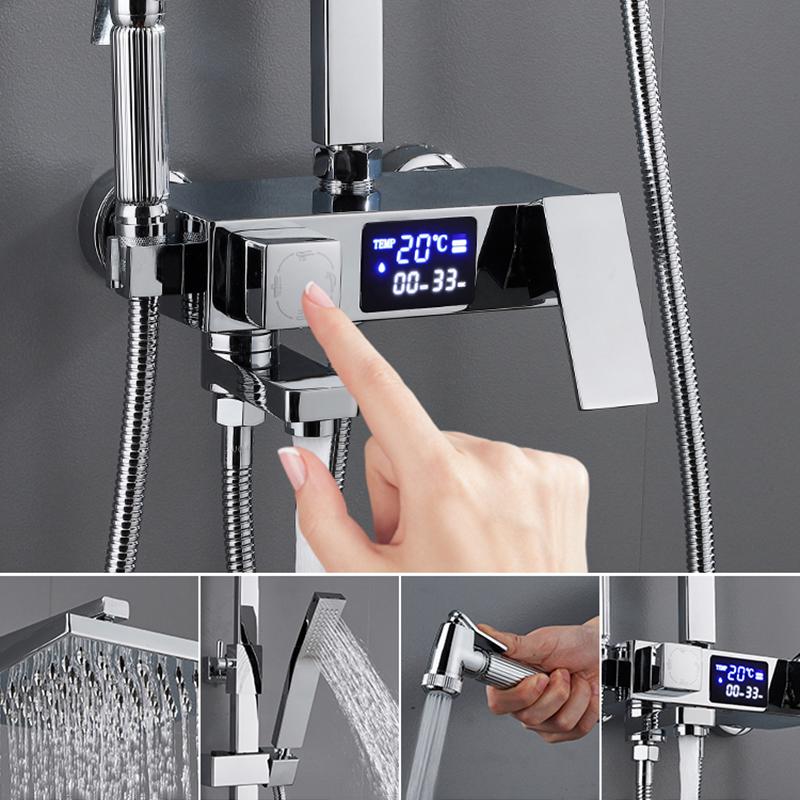 Светодиодный цифровой душевой набор, хромированные смесители для ванной комнаты, термостатический смеситель для душа, спа-дождь, смеситель для горячей и холодной ванны, настенное крепление Grifos