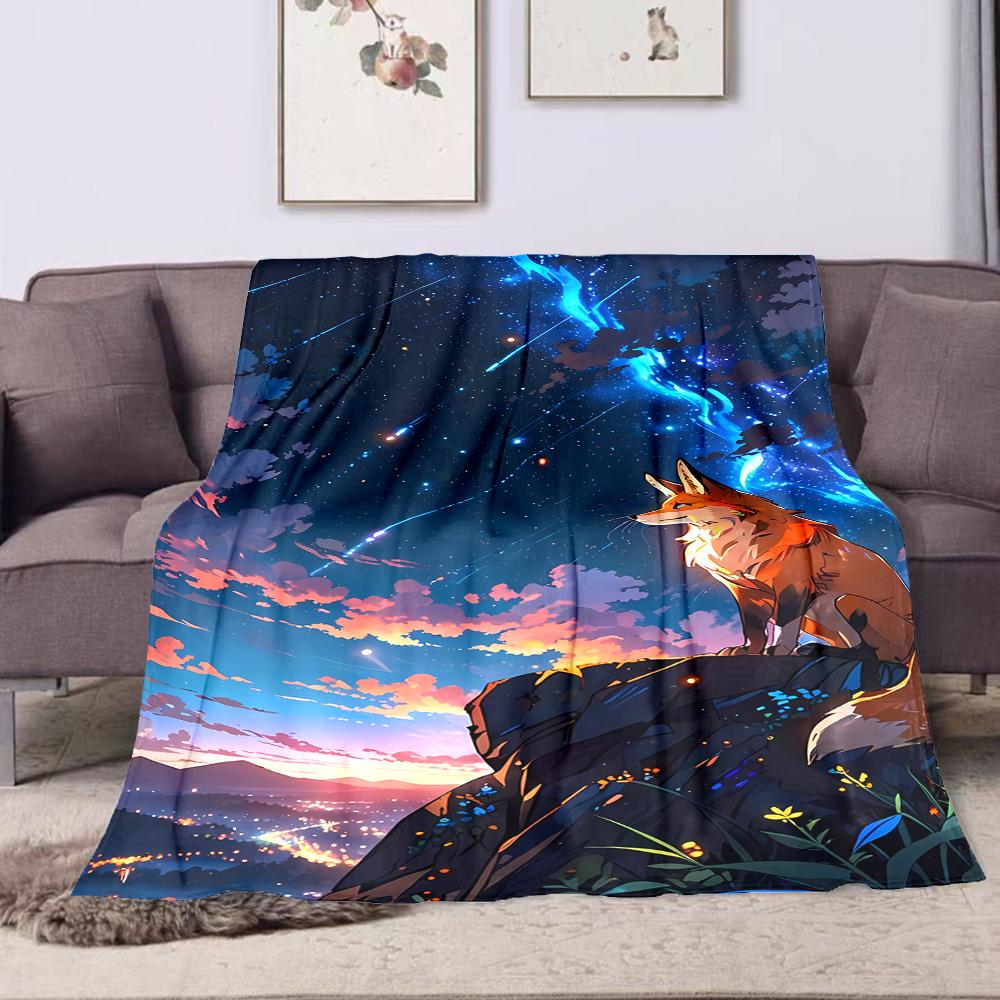 Fox Gazing at Shooting Stars Patterned flannel blanket perfect for the bedroom living room, sofa, or a little nap