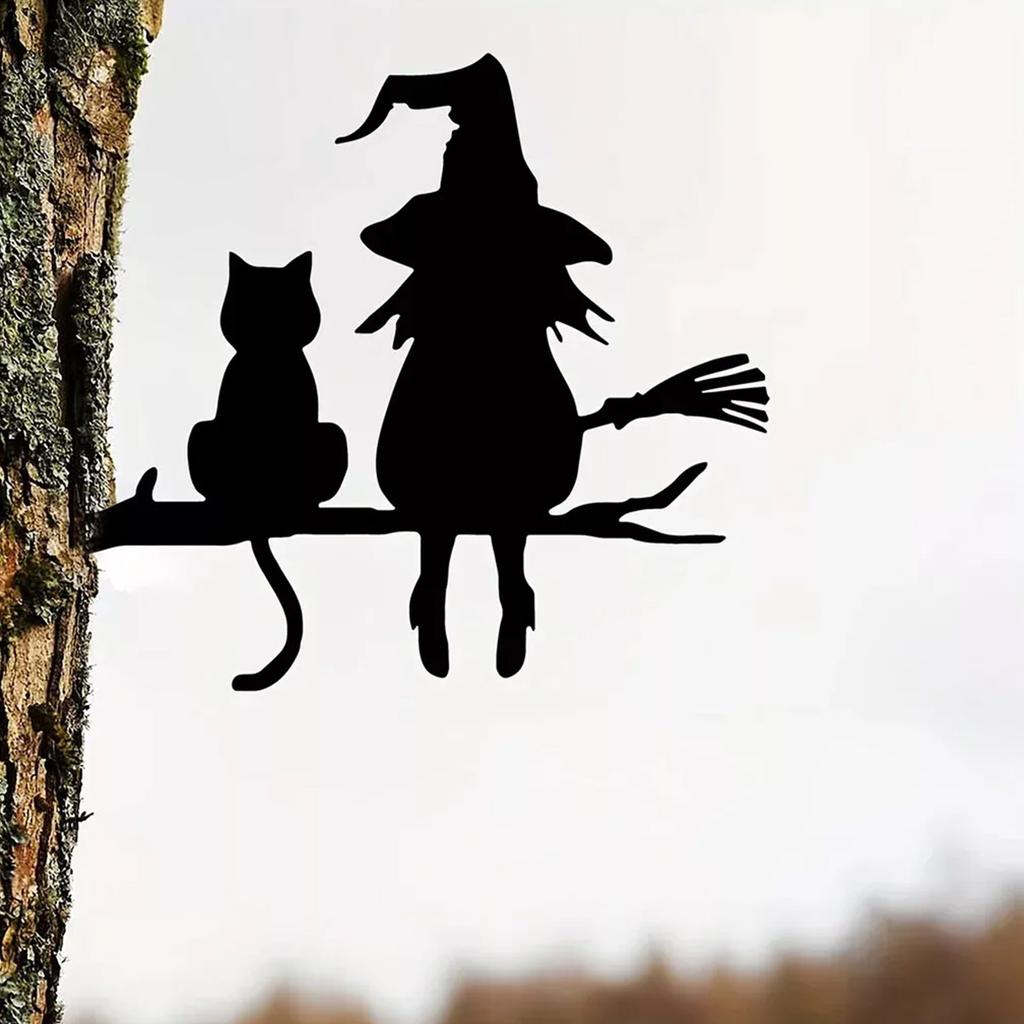 Metal Silhouette Cute Witch And Cat Garden Stump Patio Decorative Gardening Lawn Stump Inserts